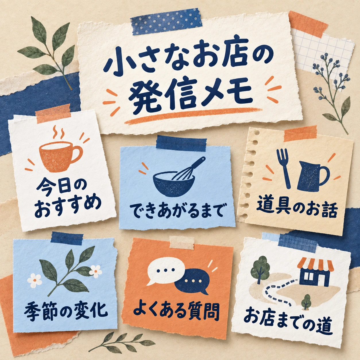 6枚のアイデアボードで表した「小さなお店の発信メモ」の見本