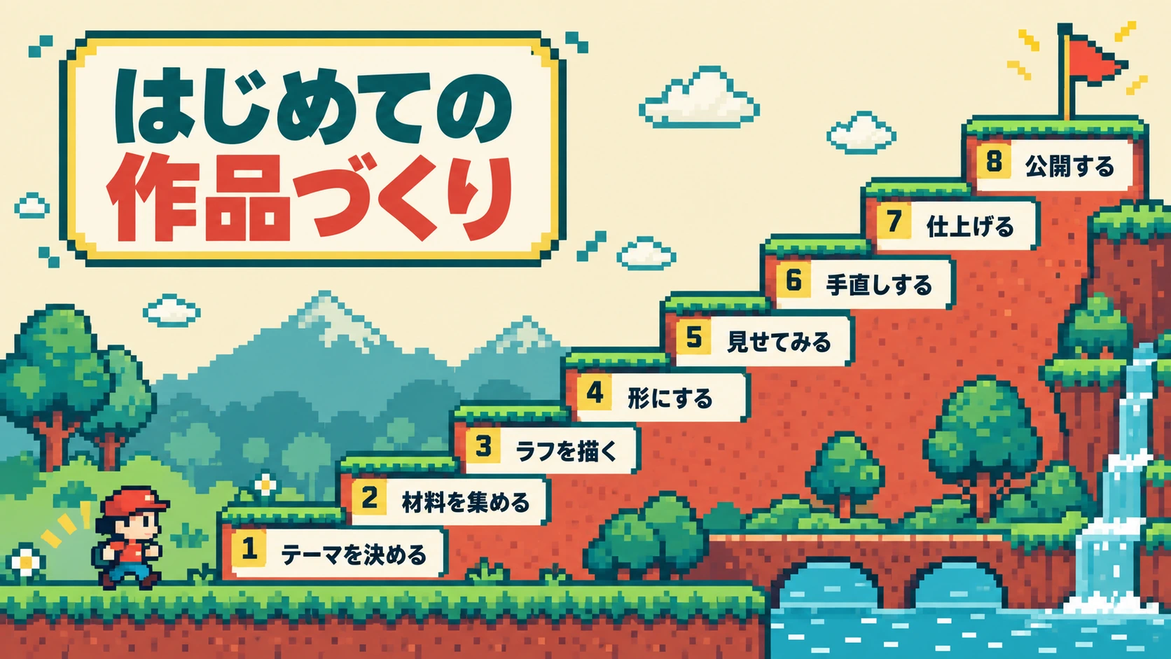 8段の進み具合で表した「はじめての作品づくり」の見本