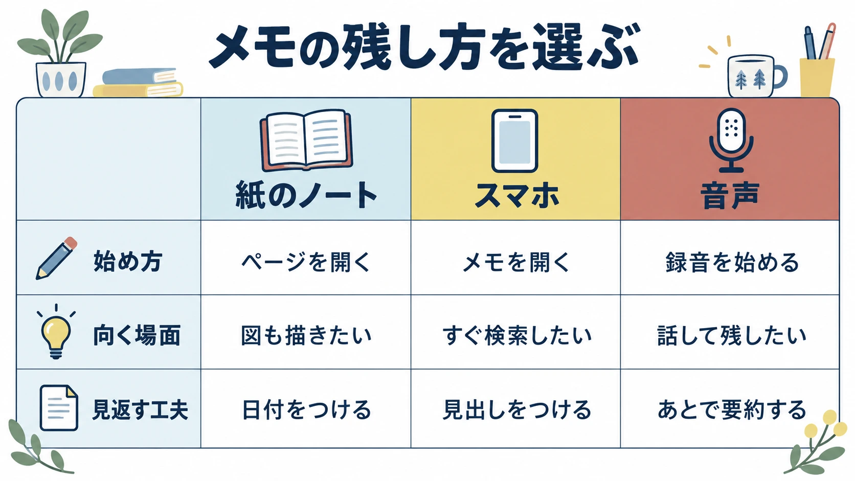 3つの方法を比べる表で表した「メモの残し方を選ぶ」の見本