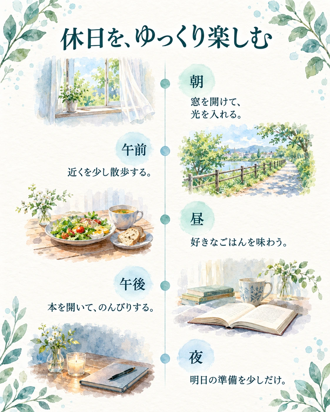 5つの時間の流れで表した「休日を、ゆっくり楽しむ」の見本