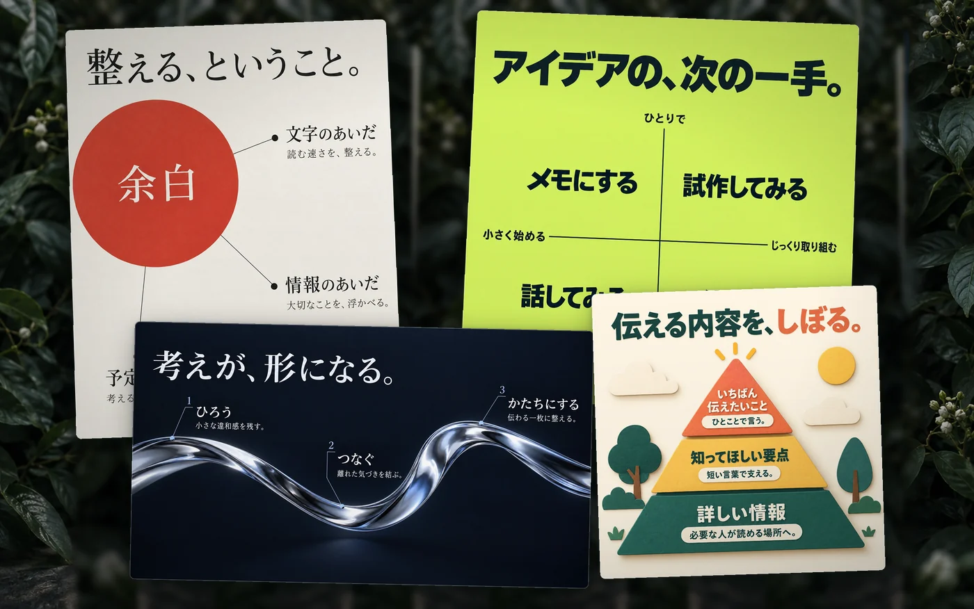 和の余白、ライムの4象限、ガラスの曲線、紙細工のピラミッドのインフォグラフィック見本を重ねたコラージュ